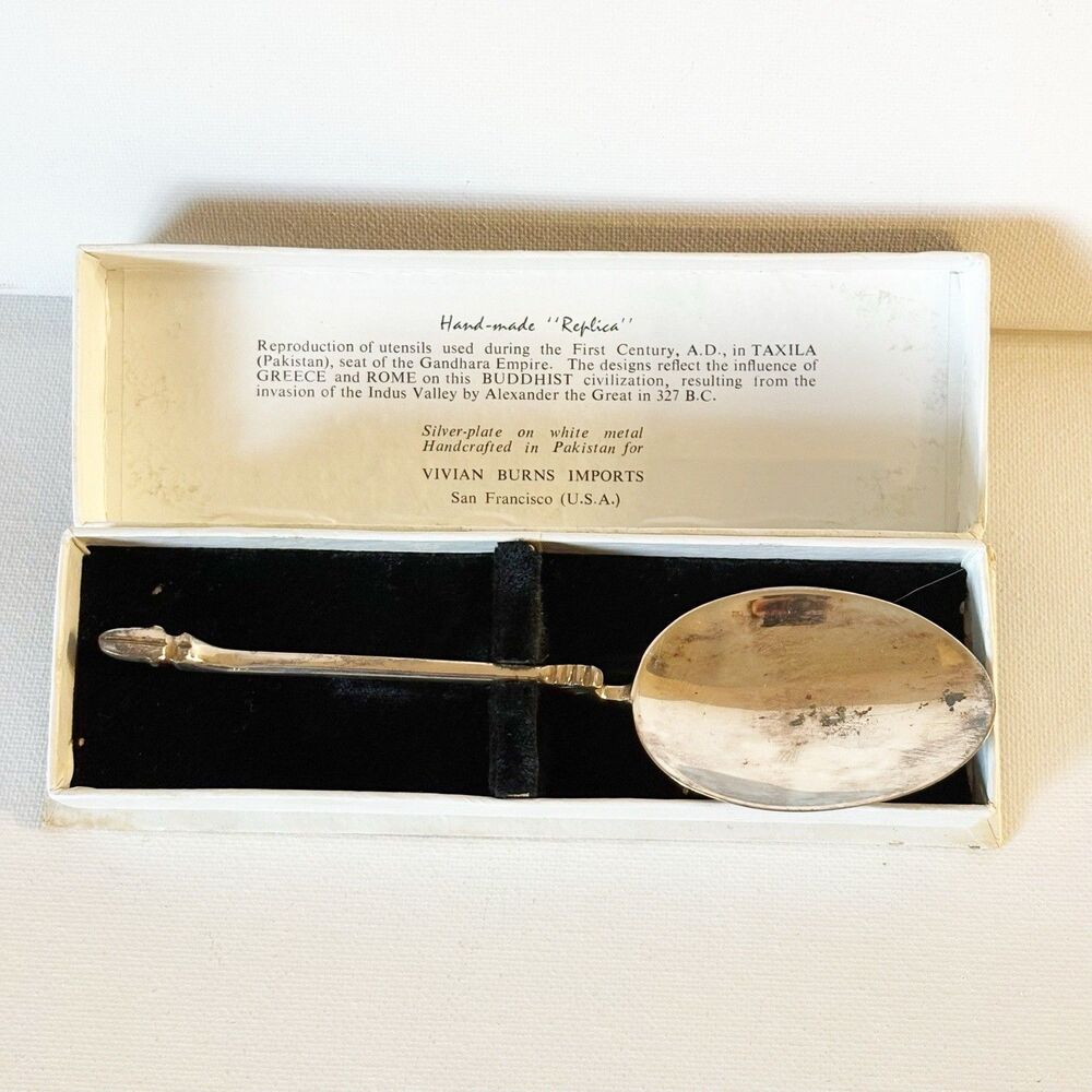 Vivian Burns Imports Silver Plate Serving Spoon in Box Reproduction Pakistan 6"